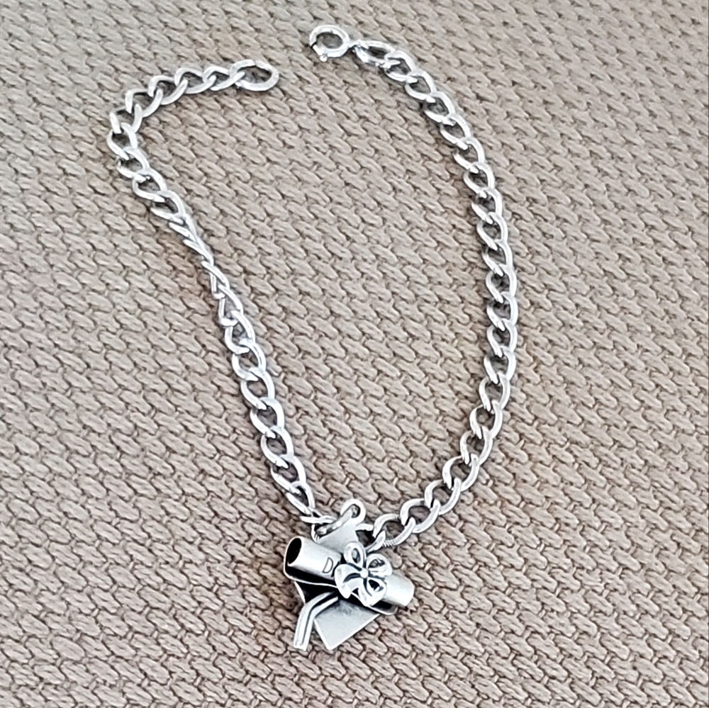 Vtg Beau Sterling Silver 925 Charm Bracelet Graduation Cap/Diploma Charm 7" EUC
